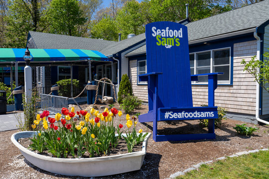 Falmouth, MA - May 7, 2023: Seafood Sam's is a casual, quick-service style, restaurant with 2 locations serving fresh seafood and more.