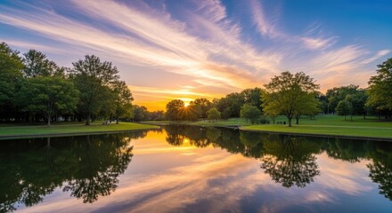 Fototapeta premium Tranquil lake reflecting colorful sunset sky over trees nature landscape