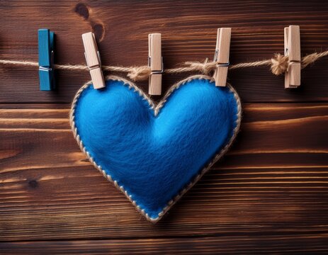 blue heart thank you rope clothespin handmade felt gratitude appreciation wooden background cheerful