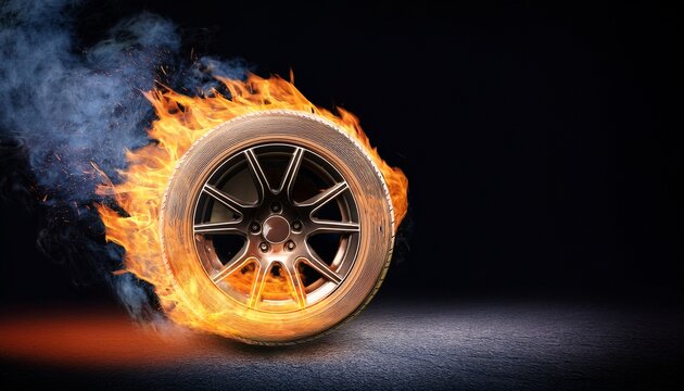 burning tire creates dramatic scene with flames and smoke showcasing speed and intensity glowing rim adds striking visual effect