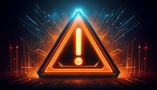 digital warning sign with exclamation mark glowing orange on a dark background