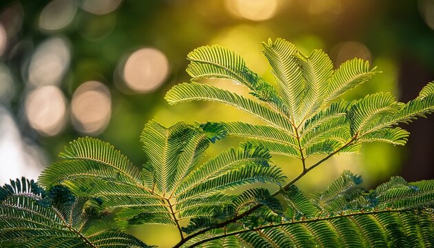 feuilles d albizia arbre a soie bipennees et delicates d un vert lumineux se detachant sur un arriere plan flou aux reflets dores et scintillants