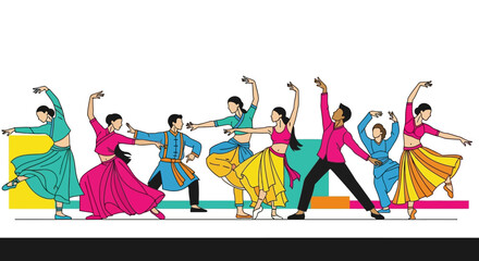Fototapeta premium Group of People Performing Traditional Indian Dance in Vibrant Outfits