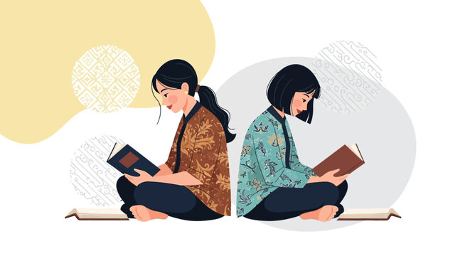 Two Traditional Indonesian Women Wearing Batik Blouses Reading Books Together