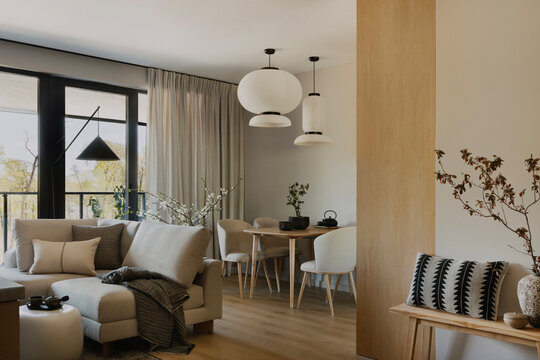 Minimalist Open Plan Living and Dining Area with Natural Light and Neutral Tones, Modern Home Interior