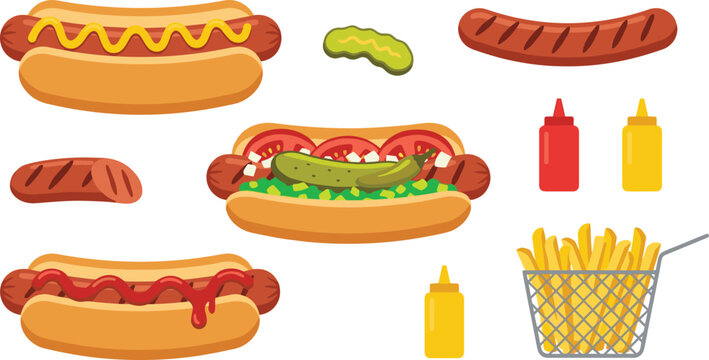 Hot Dog and Fast Food Vector Illustration Featuring Mustard, Ketchup, Pickles, Grilled Sausage, Fries, and Condiment Bottles for Casual Dining and Culinary Design Projects