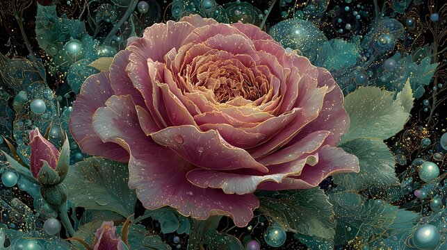 Surreal cosmic rose flower surrounded by glowing celestial spheres and golden magical particles in space.
