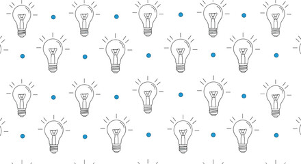 Obraz premium Seamless pattern of hand drawn light bulbs and blue dots on a white background symbolizing ideas creativity and innovative thinking.