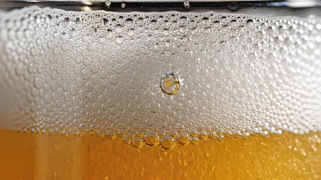 Closeup Macro Shot of Beer Foam Bubbles Rising in a Glass.