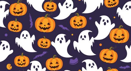 Fototapeta premium Fun halloween seamless pattern with grinning pumpkins white ghosts and purple bats on a dark purple background filled with stars and dots.