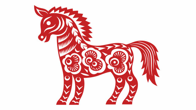 Vibrant red oriental horse zodiac symbol with floral patterns on white background chinese astrology sign