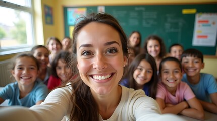Fototapeta premium Happy Group of Children with Smiling Teacher Taking Selfie in Classroom Setting