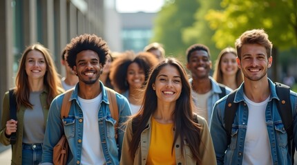 Obraz premium Diverse Group of Young People Smiling and Walking Together in a Sunlit Urban Area