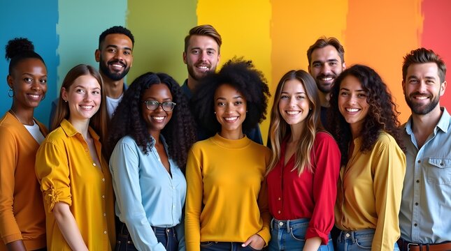 Diverse Group of Smiling People Posing Together in Front of a Colorful Background