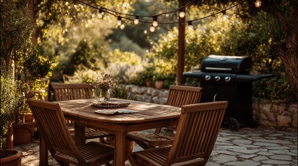Obraz premium Outdoor dining area is ready with a wooden table, chairs, and grill surrounded by plants and lights at sunset