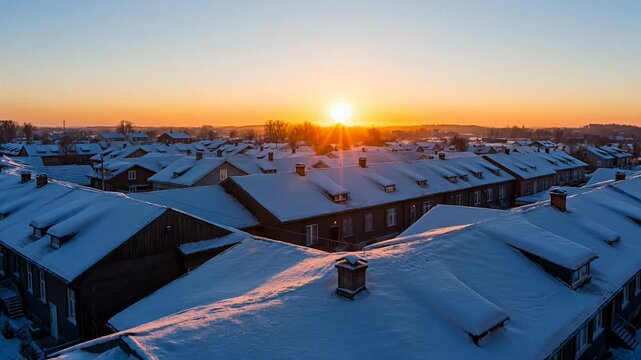 Winter Sunrise Over Snow-Covered Rooftops, Residential Neighborhood, Golden Hour Light