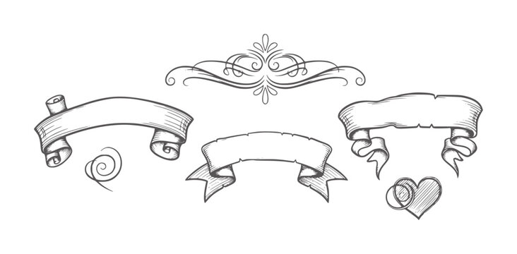 Hand drawn vintage banners and decorative ribbon scroll heart flourish