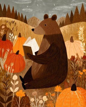 Brown Bear Reading Book in Autumn Forest Folk Art Illustration Style