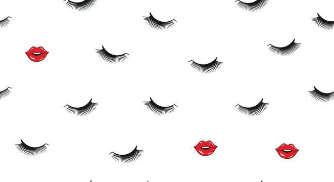 Glamorous pattern featuring eyelashes and red lips for fashion, beauty, and makeup themed backgrounds for salon and spa decor.