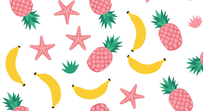 Tropical fruit and sea pattern with pink pineapples, yellow bananas, and starfish on white background for summer vacation themes.