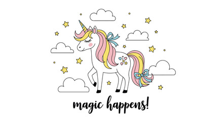 Obraz premium Magical unicorn illustration jumping among clouds and stars with text magic happens for kids, nursery, and fantasy themes.