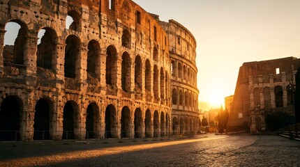 Fototapeta premium Ancient roman colosseum amphitheatre at sunset with colosseum amphitheatre landmark architecture