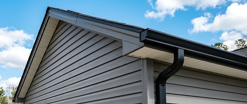 Gable end of residential building featuring gray lap siding and black rain gutter system with downspout attached to corner under blue sky with fluffy clouds.