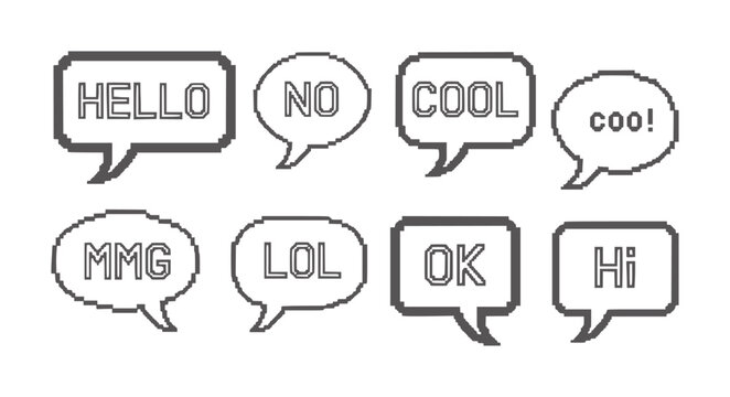 Pixelated speech bubbles with common internet slang and greetings text hello