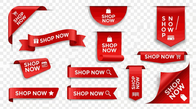 Collection of red promotional tags and banners with the text \"SHOP NOW\" for online marketing and advertising campaigns