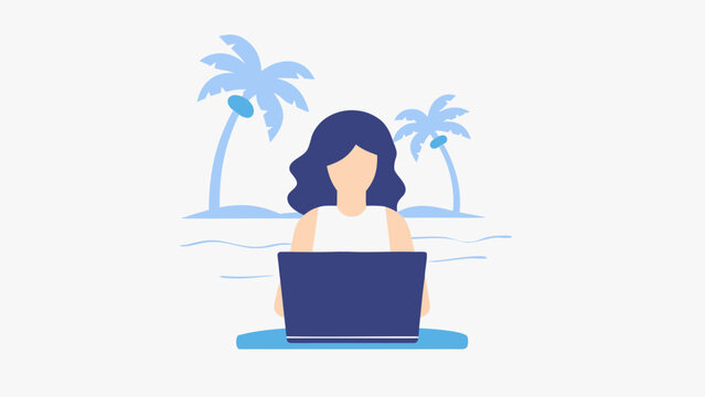 Digital nomad woman working on laptop at tropical beach with palm trees in background