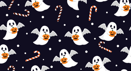 Fototapeta premium Seamless pattern of cute flying ghosts holding small orange pumpkins and candy canes on a dark blue background for a halloween theme.