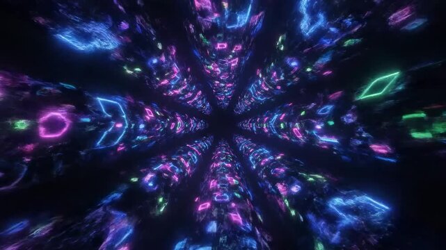 A tunnel of neon-lit musical notes in blue, purple and pink, with dark background