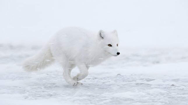 Arctic fox running fast through deep snow in the winter with wildlife predator northern creature