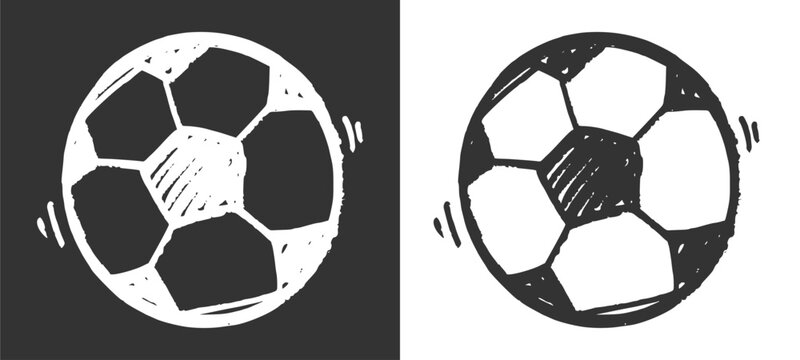 Hand drawn doodle style icon of a football soccer ball. Classic team sports equipment element and global championship tournament graphic illustration, isolated for athletic layout styles.