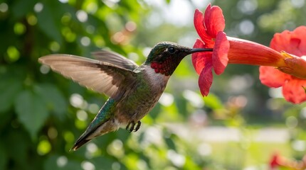 Obraz premium Ruby-throated hummingbird hovering near red flower with hummingbird hovering wildlife colorful
