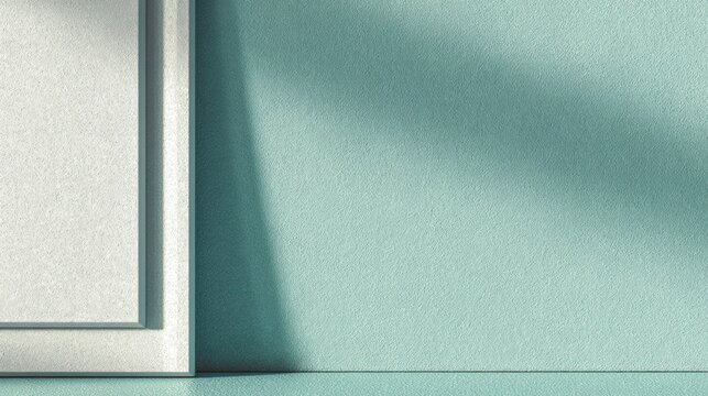 Minimalist composition featuring textured white panels juxtaposed against a mint green wall and floor with dramatic shadow overlay