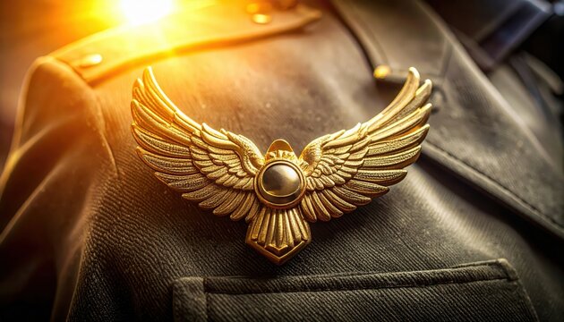 Gleaming golden paratrooper jump wing insignia pinned on a textured military uniform with warm sunlight flare