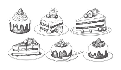 Six hand drawn cakes and cake slices with berries and frosting dessert berry strawberry © Ali