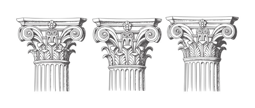 Three Corinthian column capitals with acanthus leaves and volutes leaf