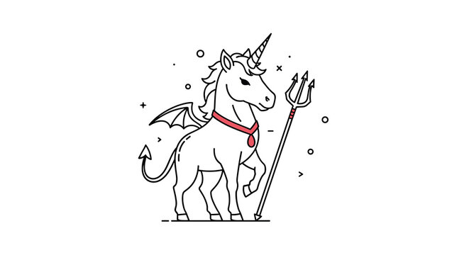 Unique illustration of a unicorn with dragon wings, a devil tail, and a trident standing on a white background.