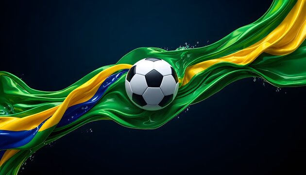Soccer Ball Emerging from Flowing Brazil Flag Green Yellow and Blue Liquid Ribbon on Dark Background &ndash; Dynamic Brazilian Football Sport Concept Photo Perfect for Sports Poster, Social Media post