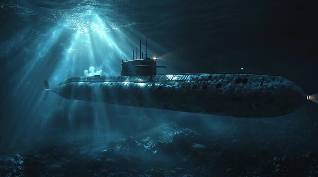 Underwater exploration of a submarine in the ocean with beams of light entering the water