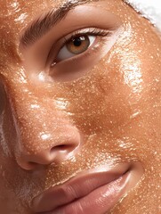 Fototapeta premium Close-up portrait of woman with golden glitter makeup on face in natural light