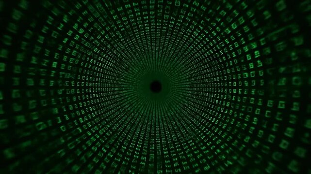 A tunnel-like perspective with glowing green characters, creating an abstract, digital scene