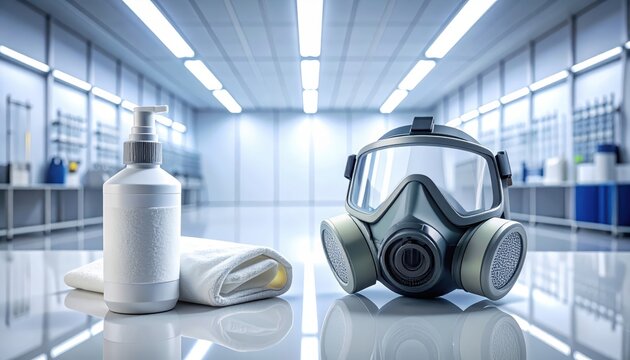 Gas mask visor cleaning spray and cloth laid out for essential maintenance in a bright, sterile facility.