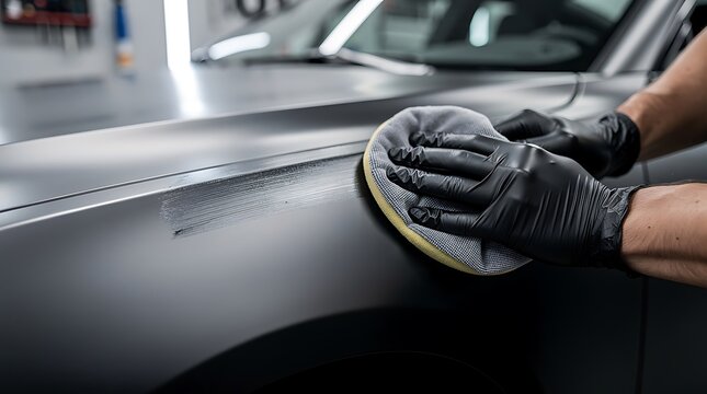 Professional car detailer polishing a dark grey vehicle's fender with a rotary buffer in a workshop setting.