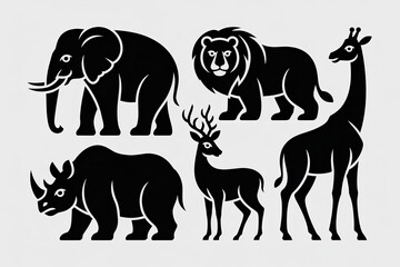 Obraz premium African Safari Icons: A collection of bold, minimalist silhouettes representing iconic African wildlife: an elephant, lion, rhinoceros, deer, and giraffe, set against a neutral backdrop.