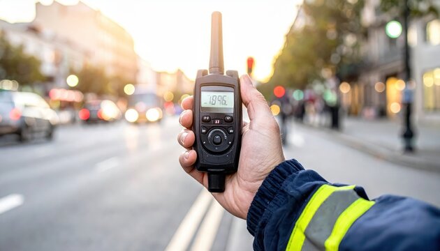 Hand holding a digital sound meter device outdoors on a city street for noise measurement and ordinance violation enforcement