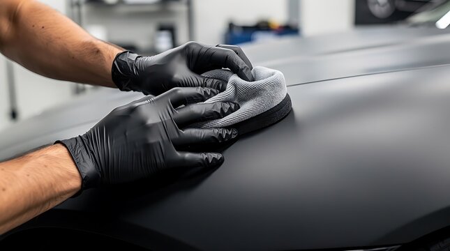 Person in black gloves meticulously applying a protective coating to a matte black car's surface with a soft applicator pad.