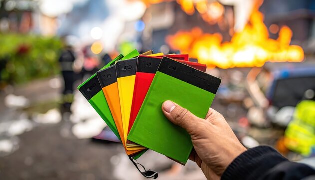 Hand holding a fanned array of color-coded medical triage tags against a blurred emergency scene